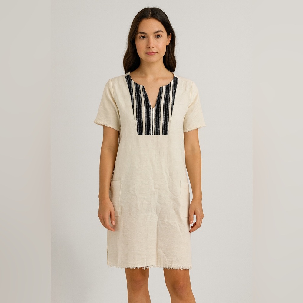 World Market Cotton Dress Bohemian Fringe Trim‎ Short Sleeve S/M